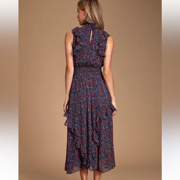 Lulus Evalina Navy Blue Floral Print Mock Neck Midi Dress - Picture 2 of 5